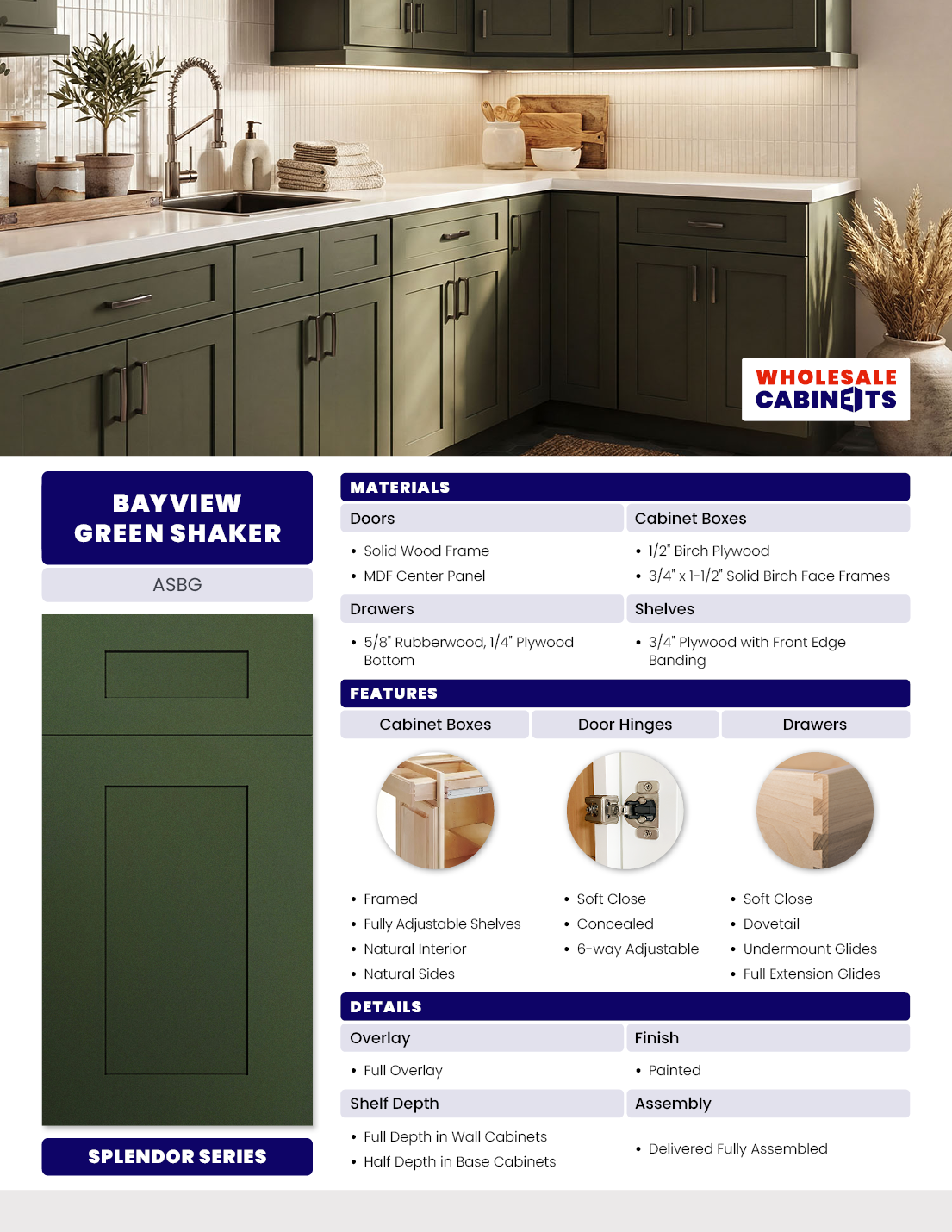 Bayview Green Shaker Assembled Cabinets | Shop online at Wholesale